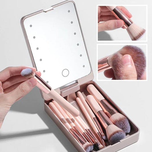 Travel Makeup Brush Set with LED Light Mirror【Free worldwide shipping 🌍】